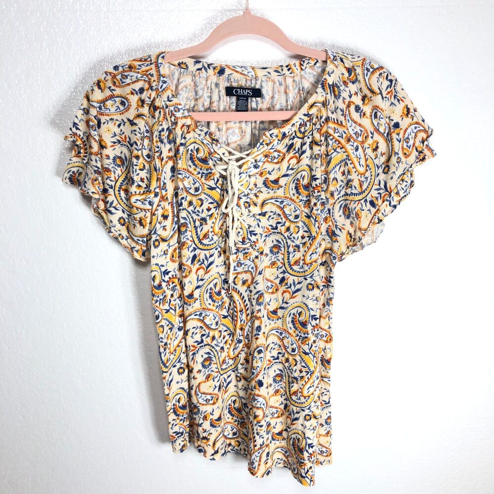 Chaps Blouse Yellow Multicolor Boho Pattern Short Sleeve Women Size S